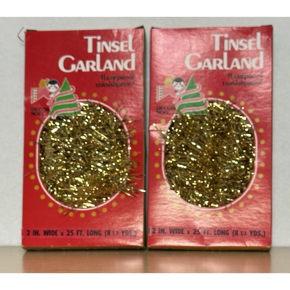 2 boxes vintage gold tinsel garland Christmas Decor Noel 2” wide x 25’ long